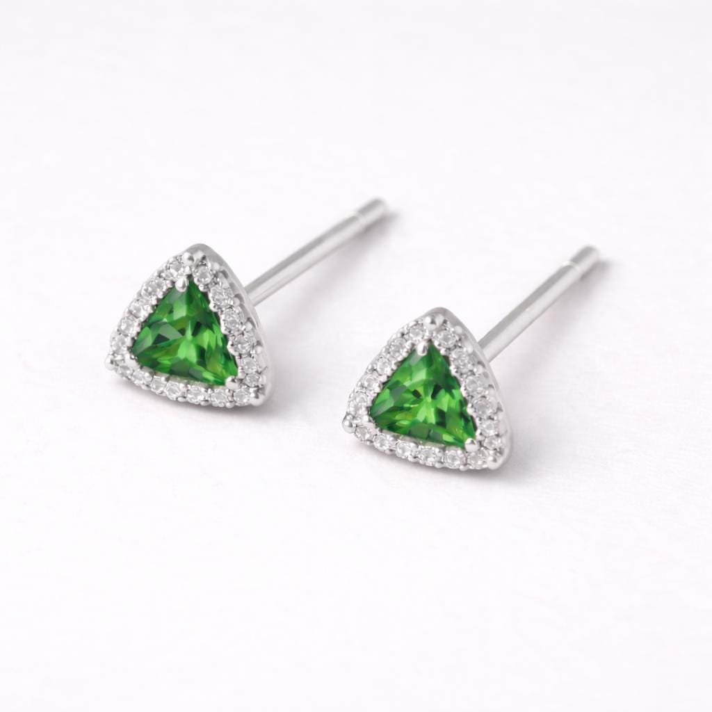 Green CZ Triangle Studs 925 Silver | Halo Stud | Minimal Silver Earring
