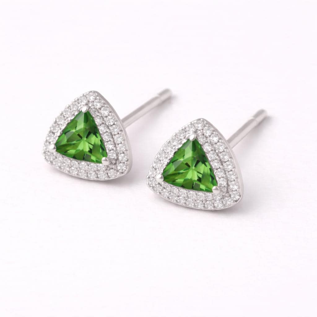 Green CZ Triangle Stud Earrings 925 Silver | Halo Studs | Minimal Earrings
