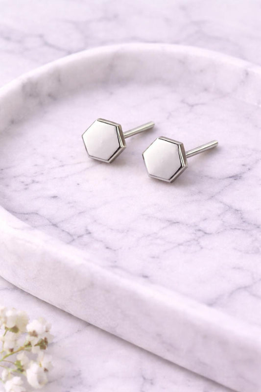 Hexagon Silver Stud Earrings | 925 Sterling Silver Minimal Geometric Studs | Modern Everyday Jewelry