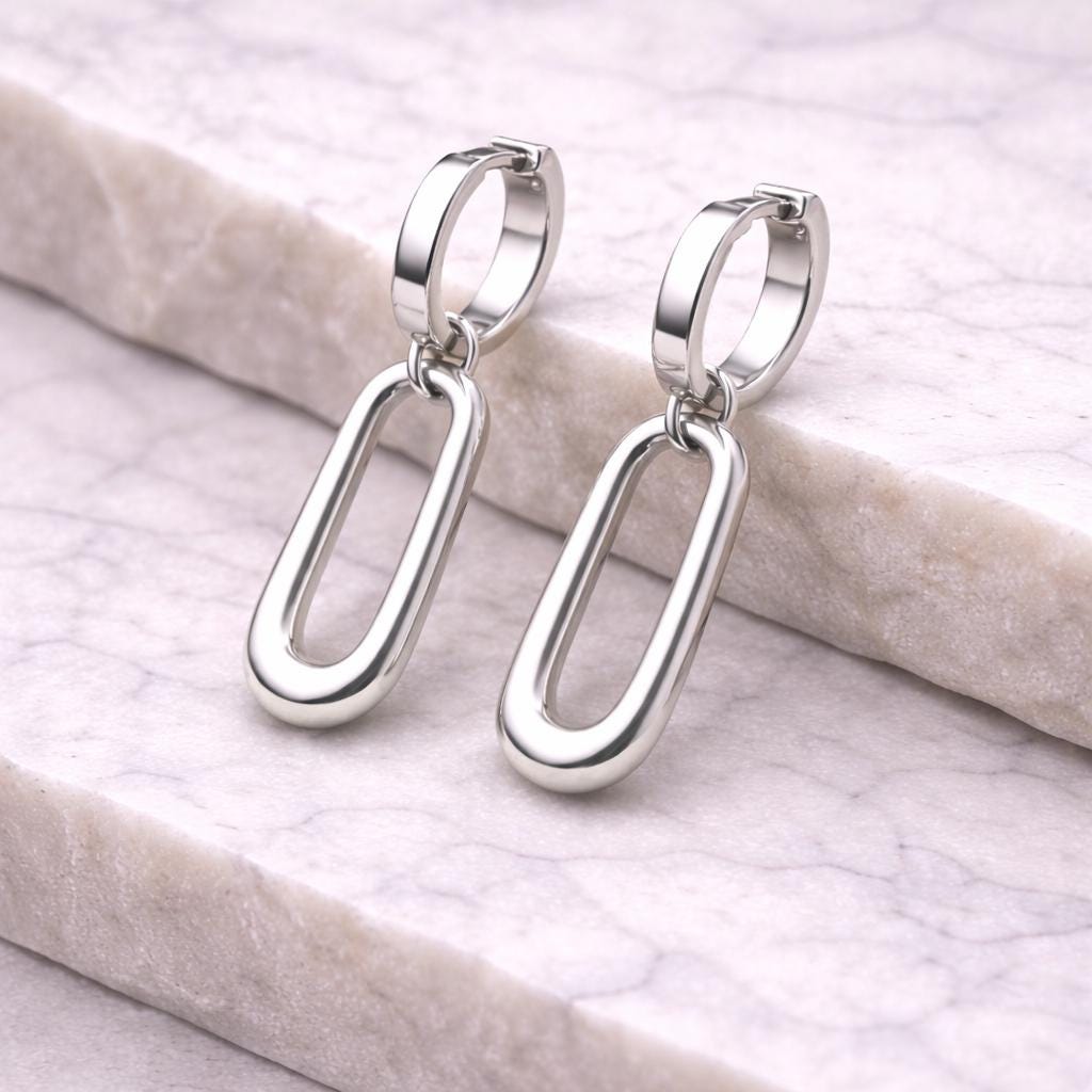 925 Silver Oval Drop Hoop Earrings | Minimal Paperclip Dangle Huggie Hoops |