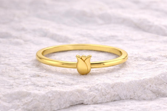 Dainty Sterling Silver Tulip Ring, Minimal Floral Band