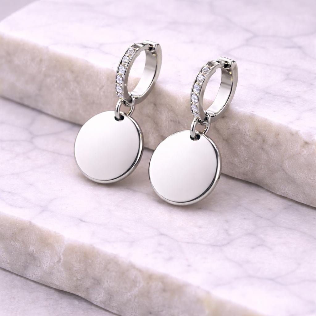 925 Silver Disc Drop Earrings | CZ Hoop Dangle | Minimal Engraving Coin Earrings