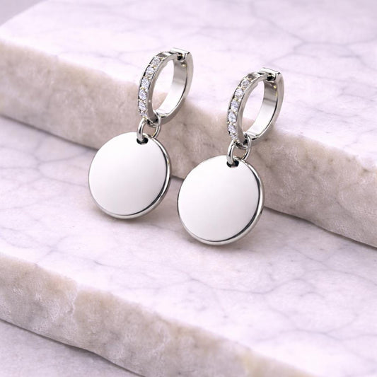 925 Silver Disc Drop Earrings | CZ Hoop Dangle | Minimal Engraving Coin Earrings