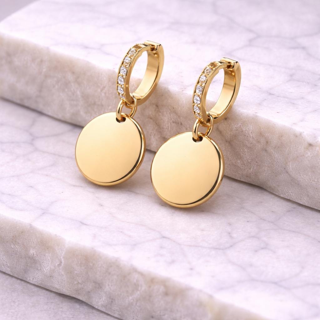 925 Silver Disc Drop Earrings | CZ Hoop Dangle | Minimal Engraving Coin Earrings
