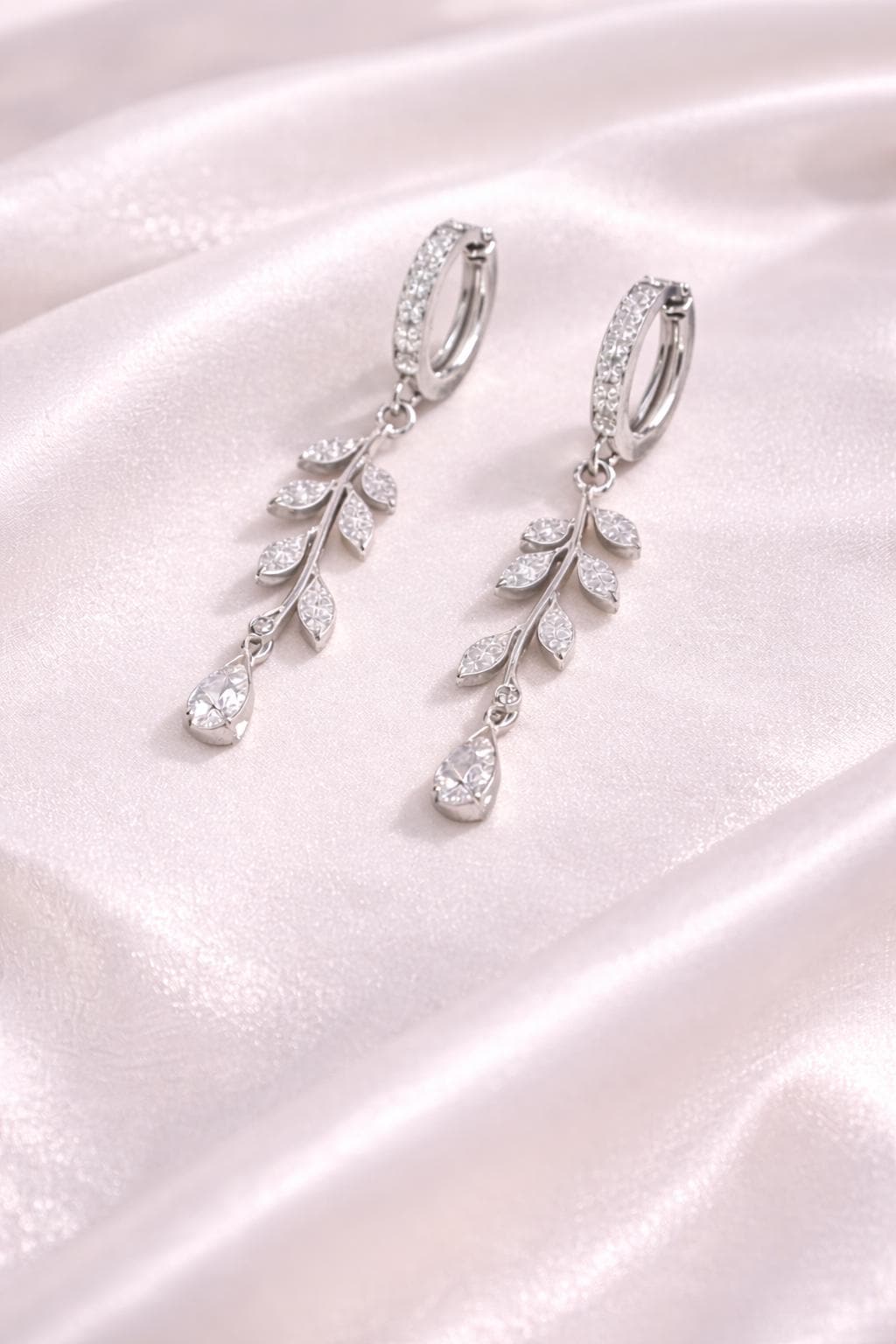 925 Silver Leaf Drop Earrings | CZ Vine Dangle Hoop | Elegant Sterling Silver Jewelry |