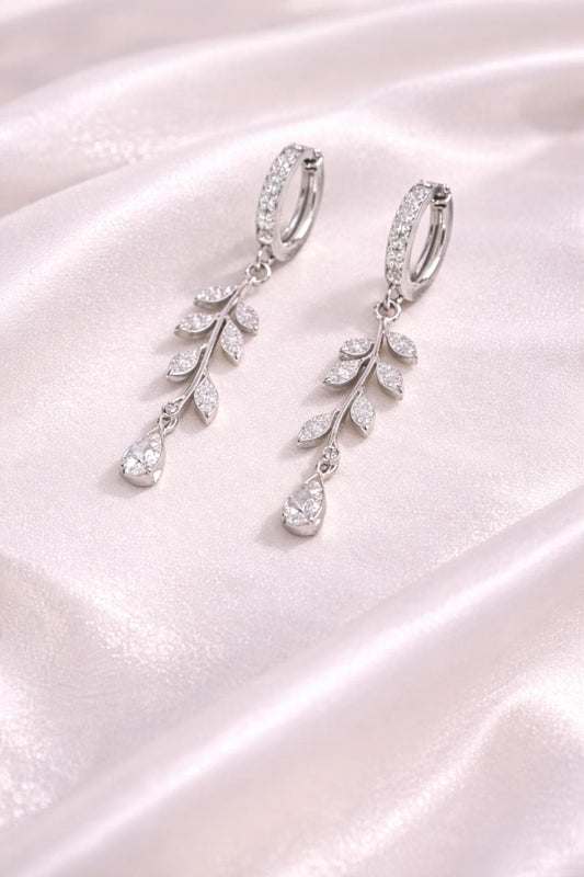 925 Silver Leaf Drop Earrings | CZ Vine Dangle Hoop | Elegant Sterling Silver Jewelry |