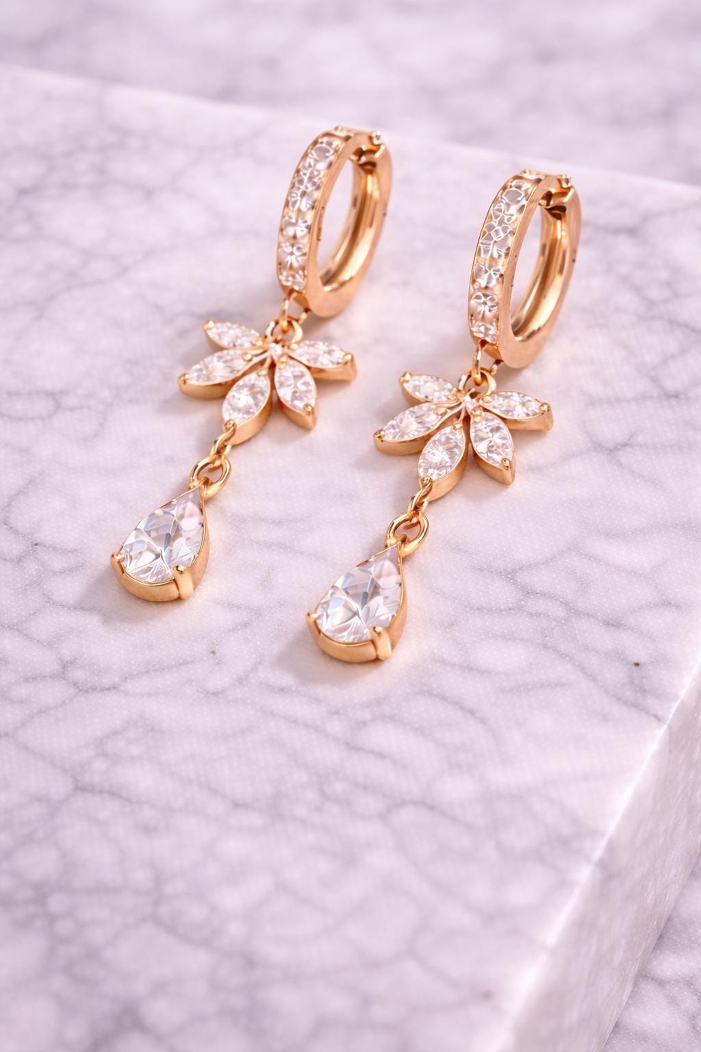 925 Silver Floral Drop Earrings | CZ Teardrop Dangle Hoop | Elegant Sterling Silver Jewelry |
