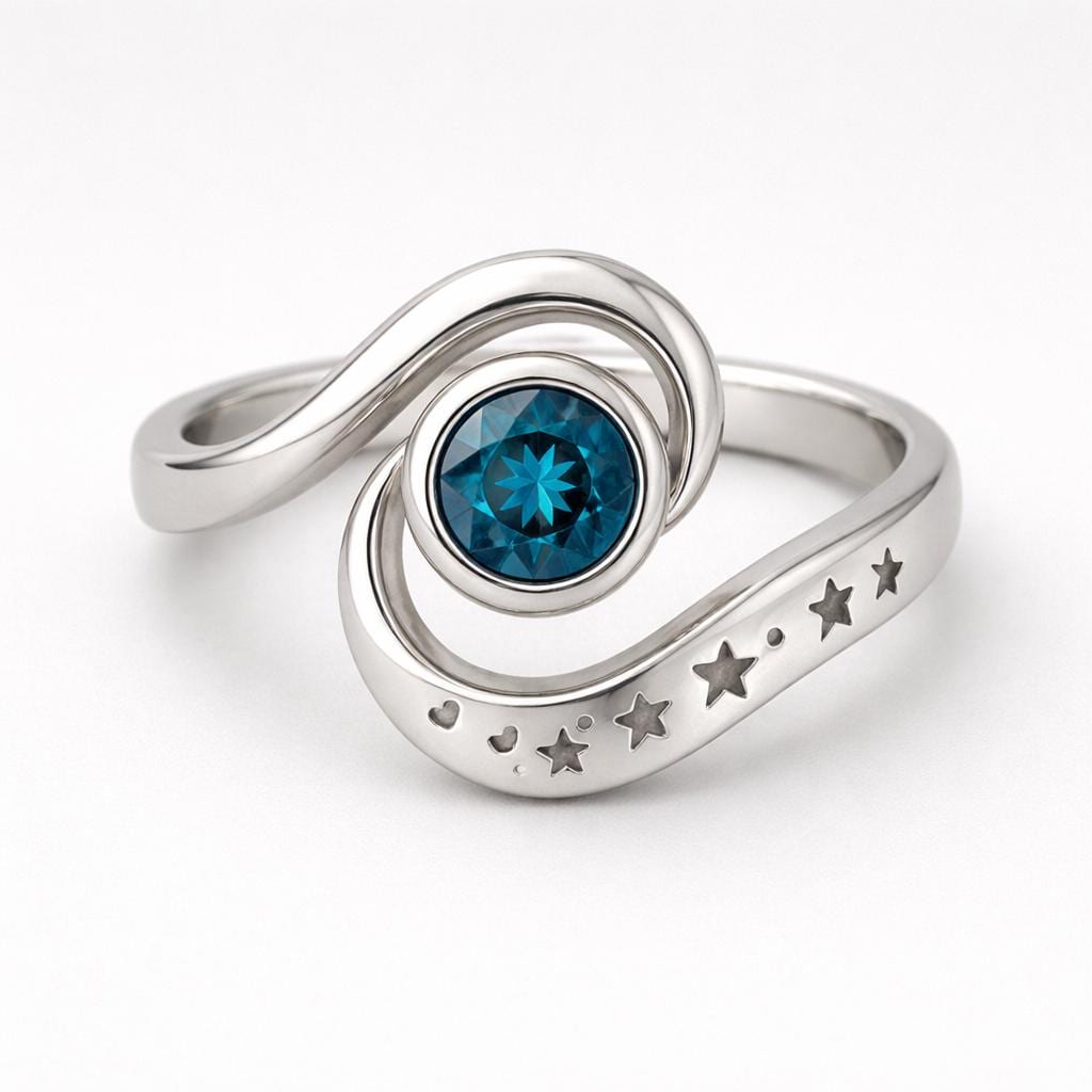 London Blue Topaz Celestial Ring: Sterling Silver Spiral Star Band