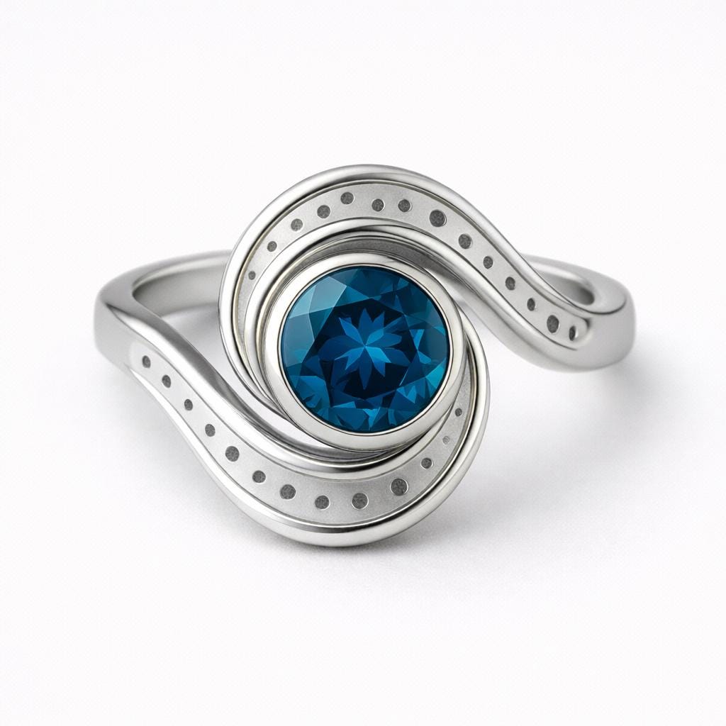 London Blue Topaz Ring 925 | Silver Spiral Swirl Band | Unique Bezel Set Statement Jewelry