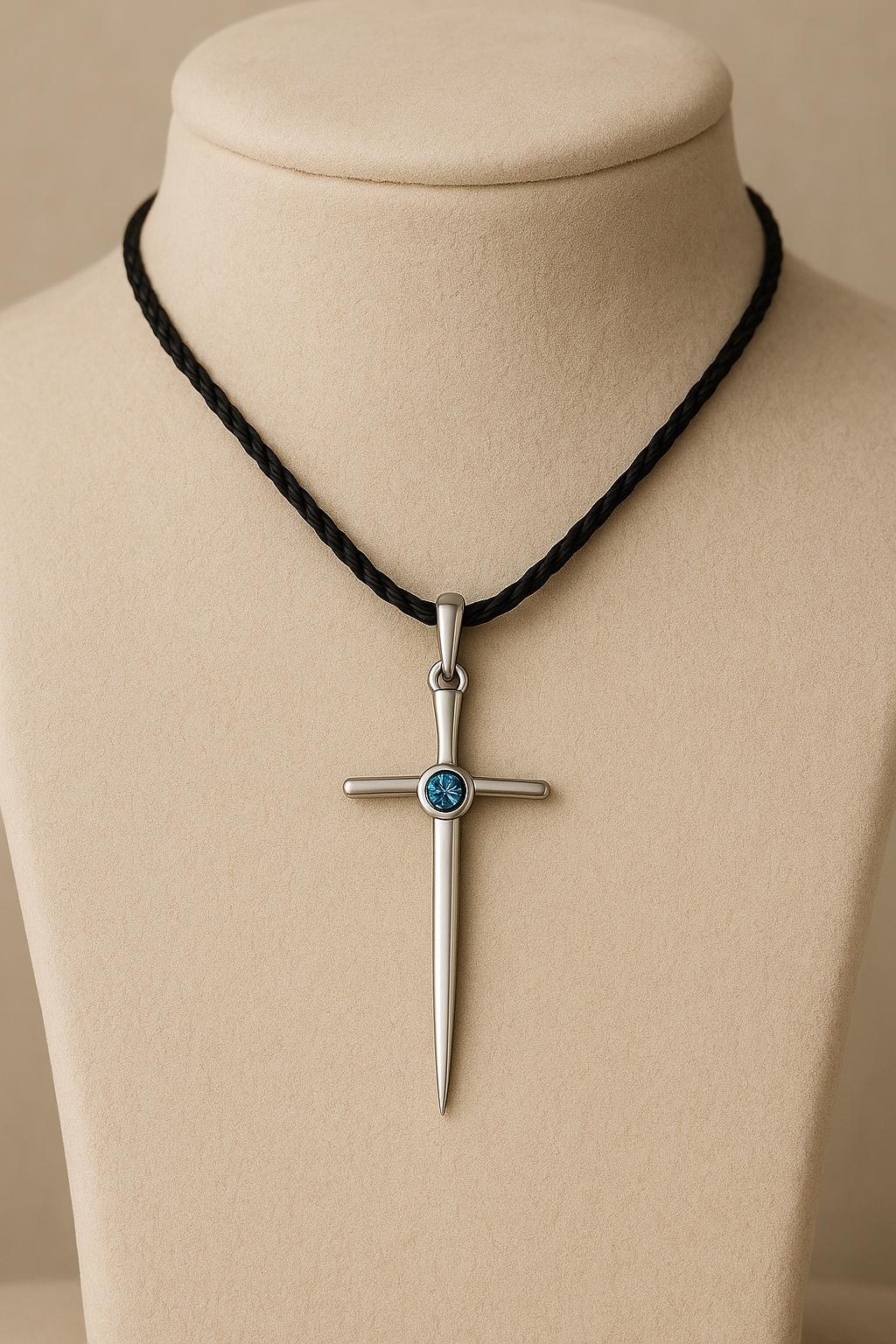 925 Silver Sword Pendant | London Blue Topaz Necklace | Sterling Silver Religious Jewelry