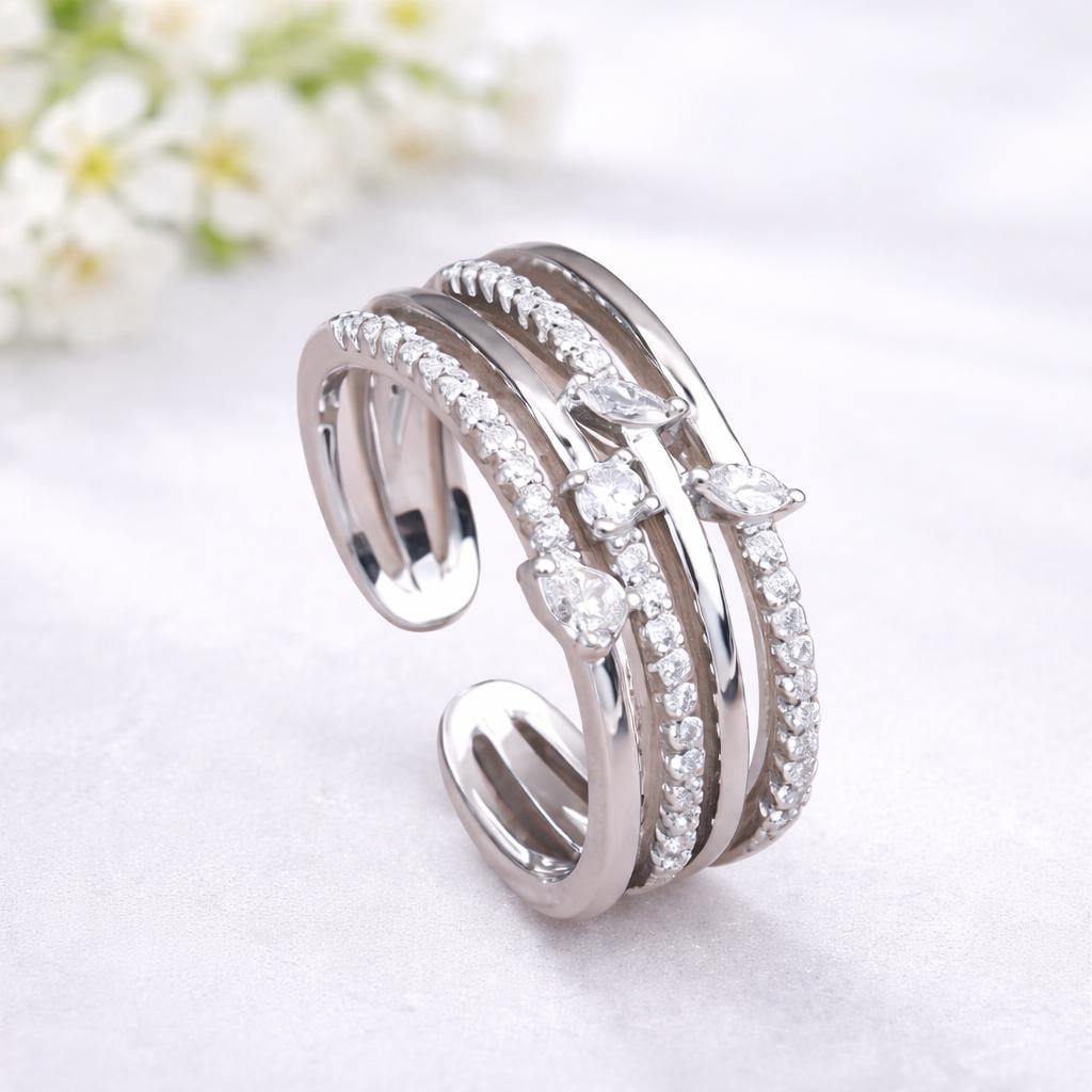 CZ Silver Open Ring | 925 Sterling Silver Adjustable Band | Minimal Sparkle Modern Handmade Jewelry