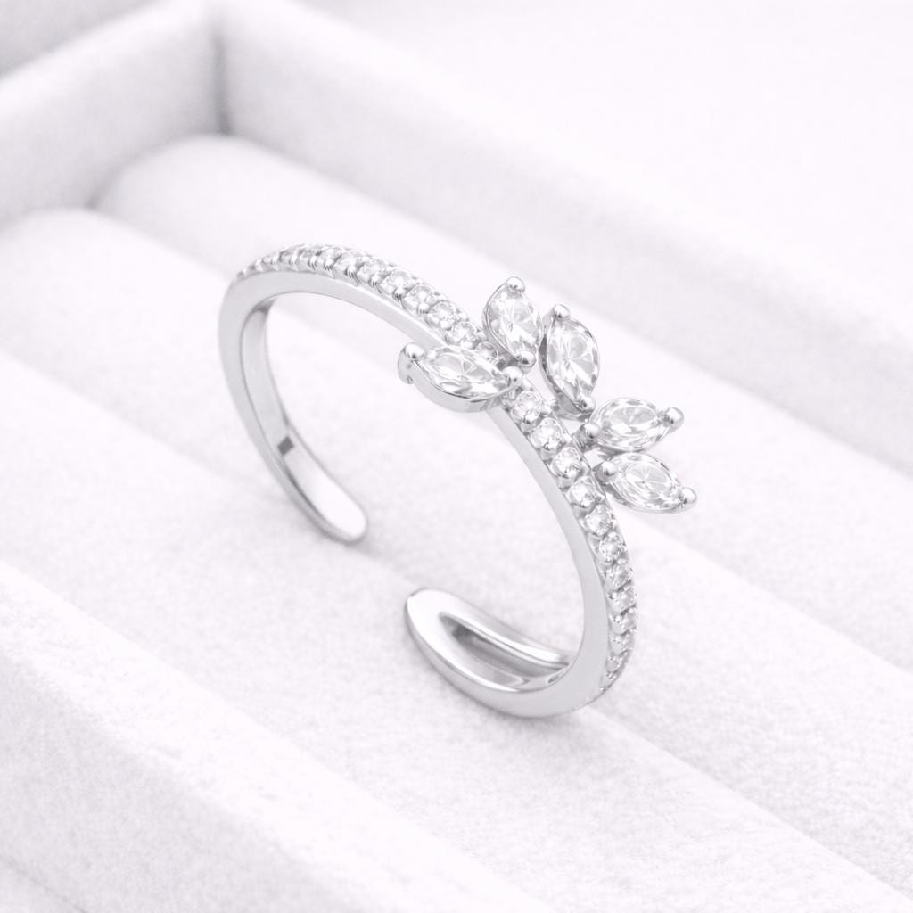 CZ Silver Open Ring | 925 Sterling Silver Adjustable Band | Leaf Inspired Sparkle Minimal