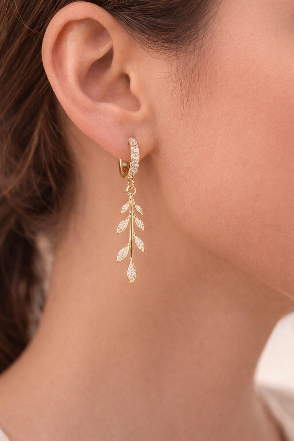 925 Silver Leaf Drop Earrings | CZ Huggie Hoop | Nature Inspired Dangle Earrings