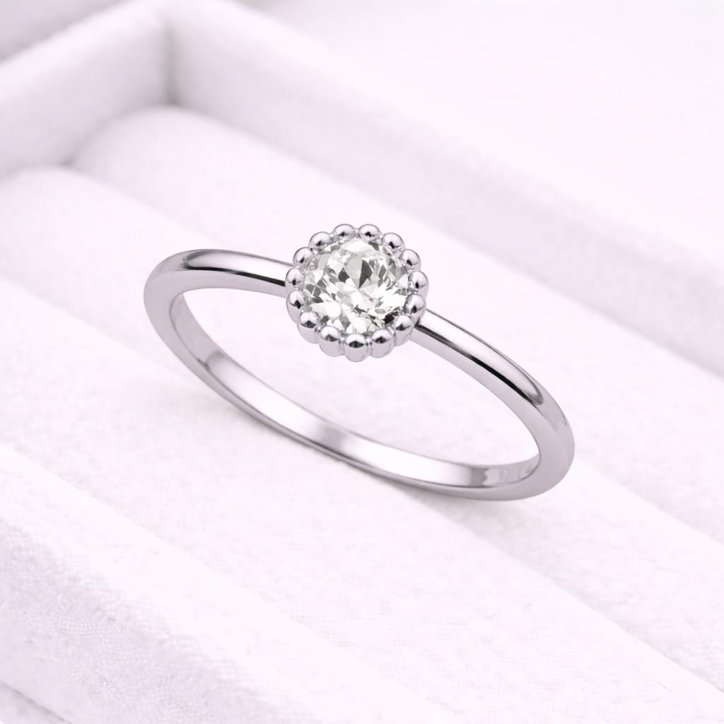 Round CZ Silver Ring | 925 Sterling Silver Halo Solitaire | Minimal Dainty Engagement