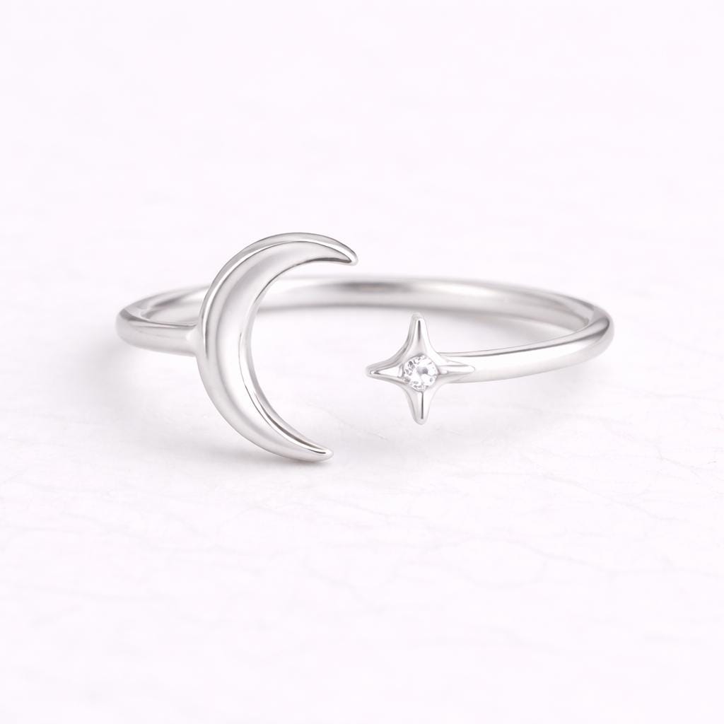 925 Sterling Silver Moon Star Ring – Minimal Celestial Open Ring – Tiny CZ Diamond Adjustable