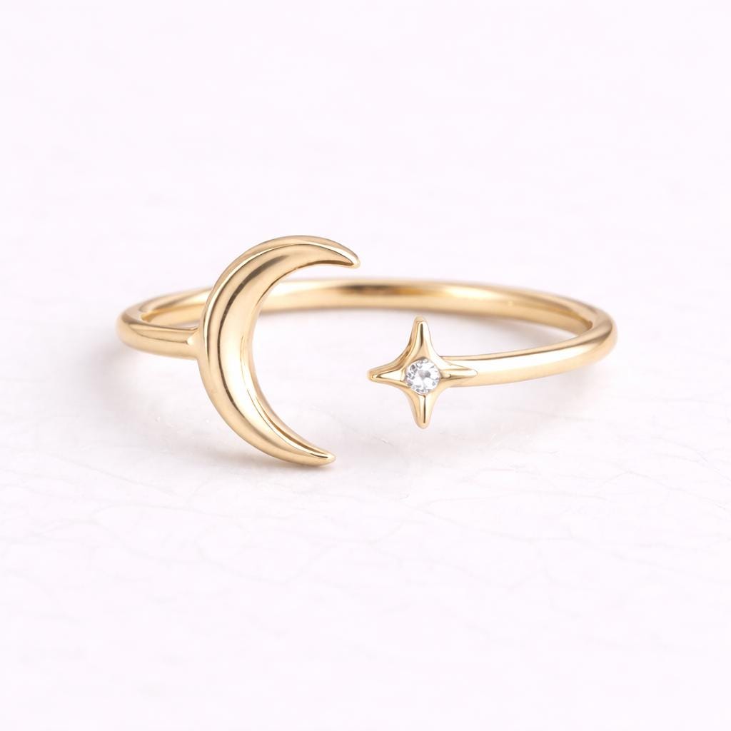 925 Sterling Silver Moon Star Ring – Minimal Celestial Open Ring – Tiny CZ Diamond Adjustable