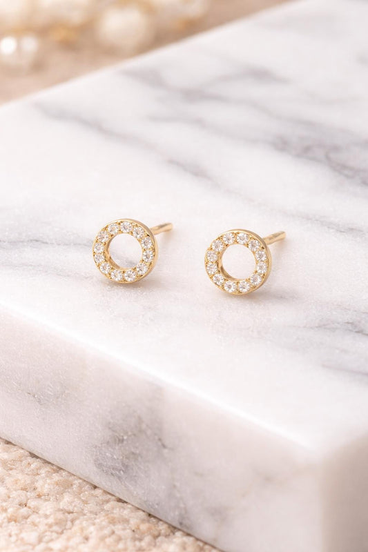 Sterling Silver Circle Stud Earrings – Dainty CZ Halo, Minimalist Jewelry