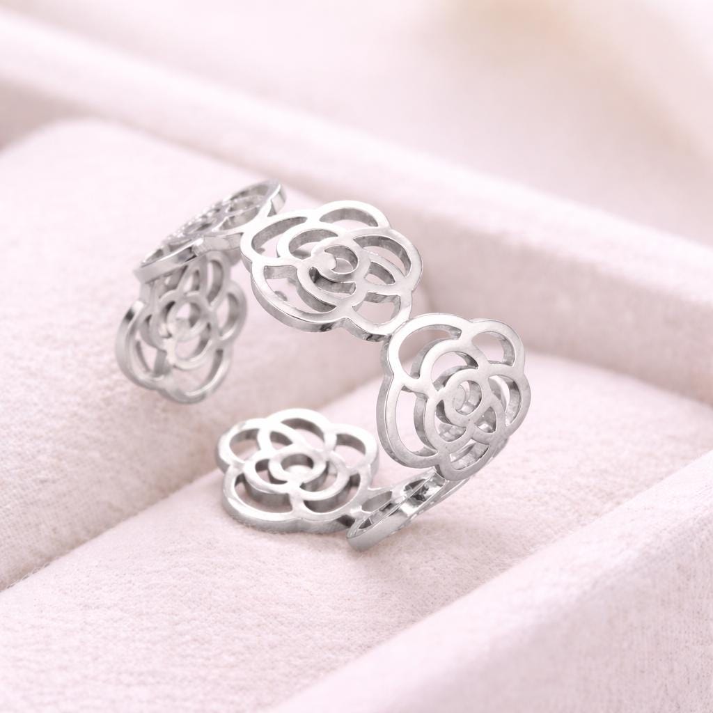 925 Silver Rose Flower Ring Open Floral Adjustable Minimal Jewelry