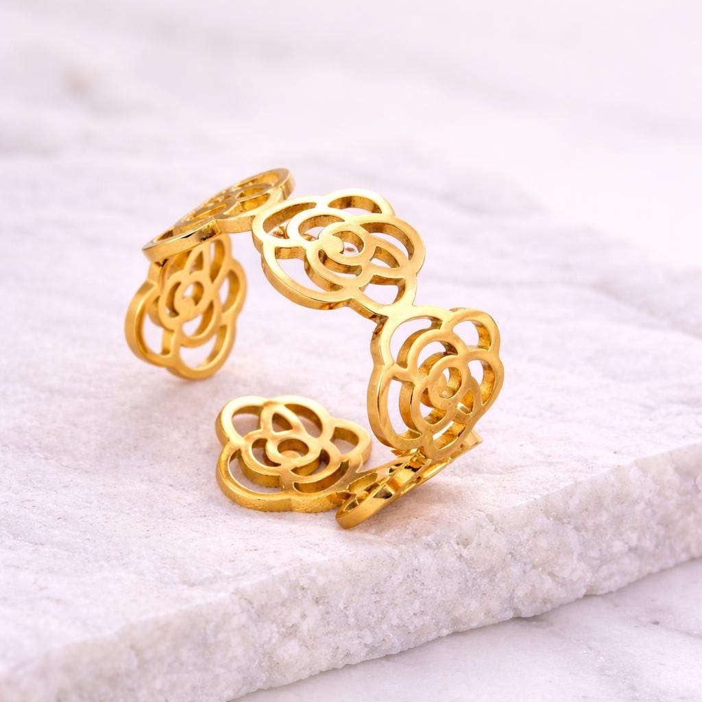 925 Silver Rose Flower Ring Open Floral Adjustable Minimal Jewelry