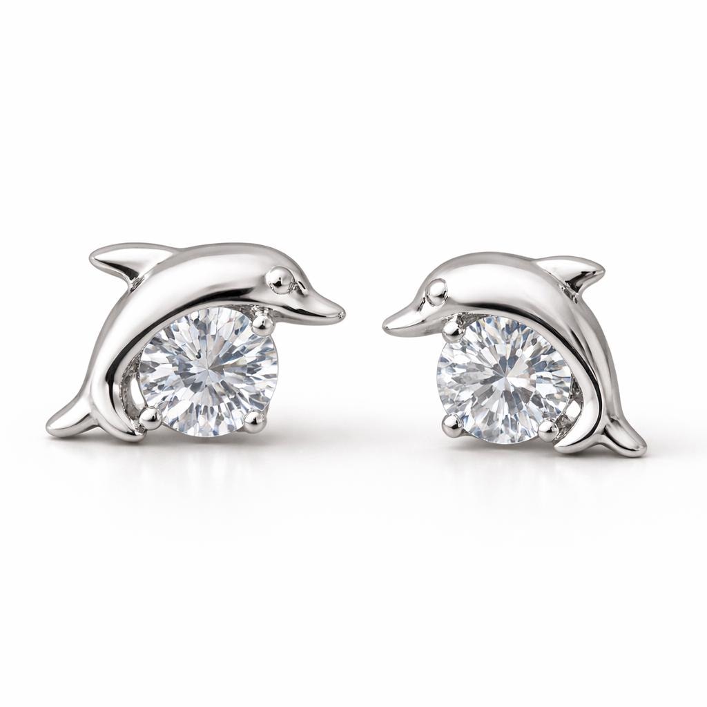 925 Sterling Silver Dolphin Stud Earrings CZ Ocean Animal Jewelry