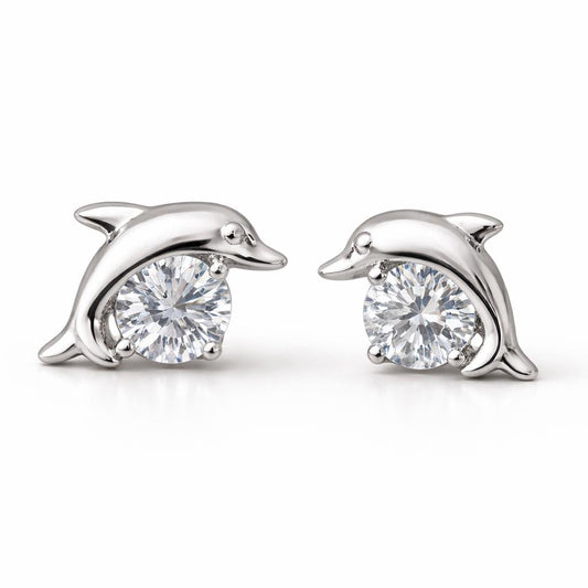 925 Sterling Silver Dolphin Stud Earrings CZ Ocean Animal Jewelry