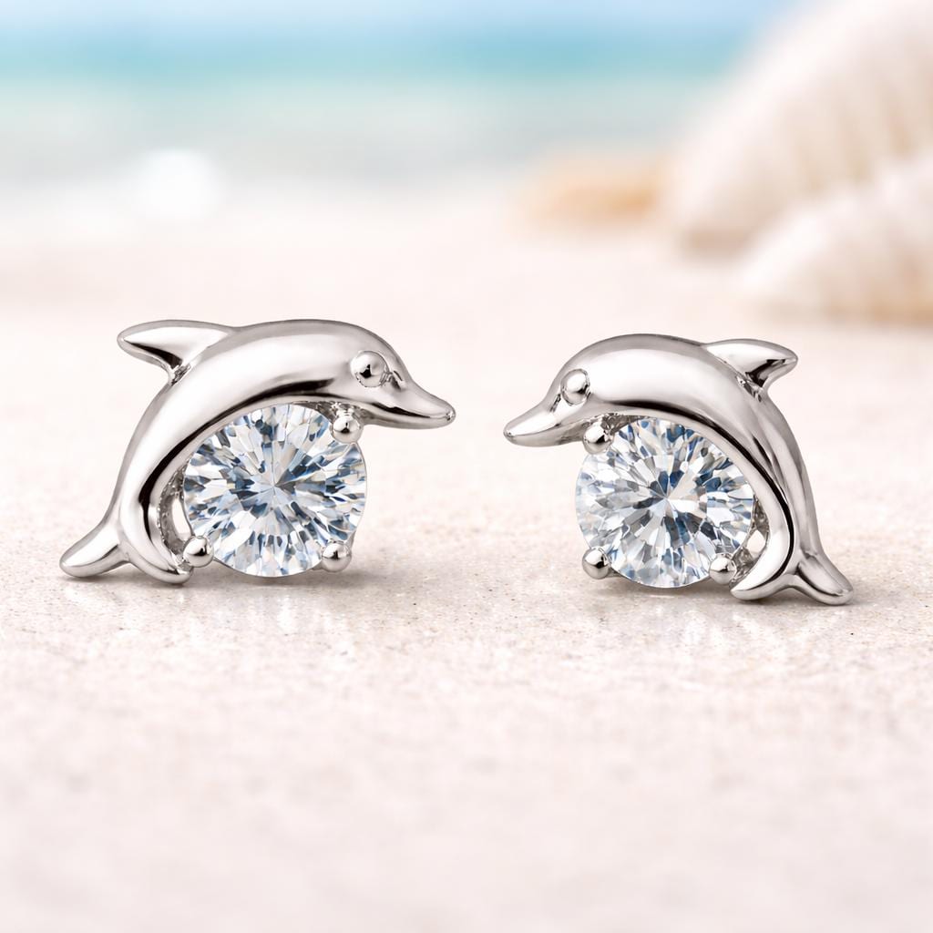 925 Sterling Silver Dolphin Stud Earrings CZ Ocean Animal Jewelry