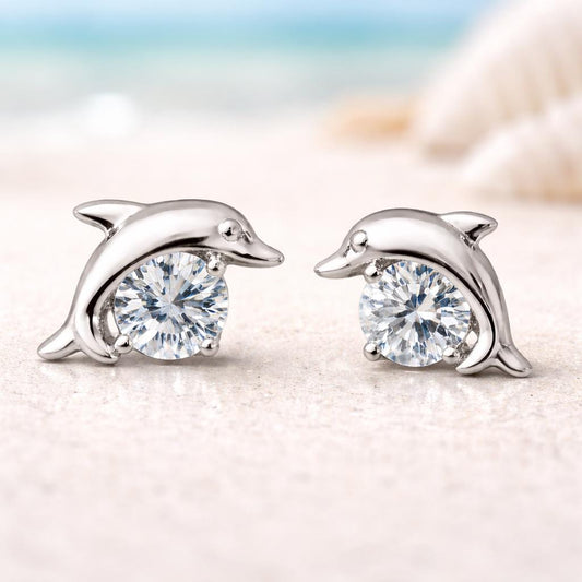 925 Sterling Silver Dolphin Stud Earrings CZ Ocean Animal Jewelry