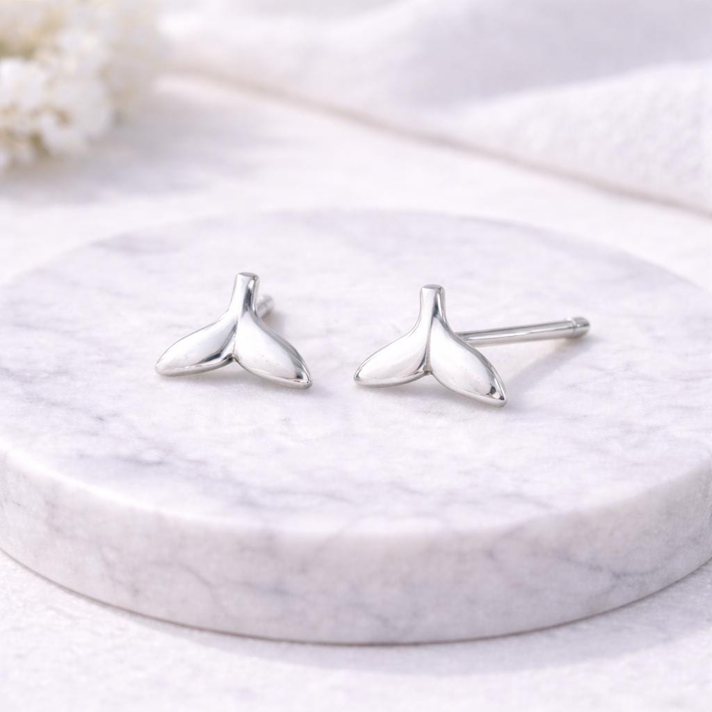 Sterling Silver Whale Tail Stud Earrings, Minimalist Ocean Jewelry