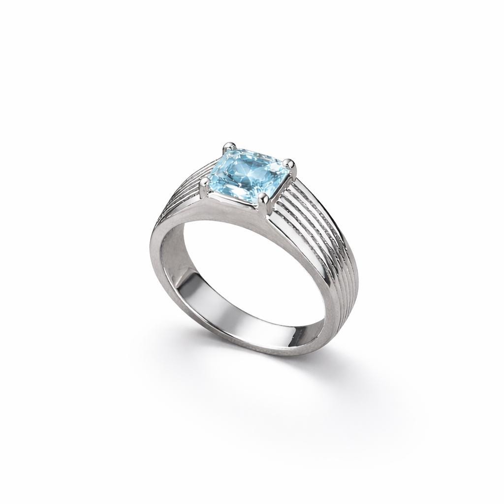925 Sterling Silver Aquamarine CZ Ring Square Cut Minimal Band