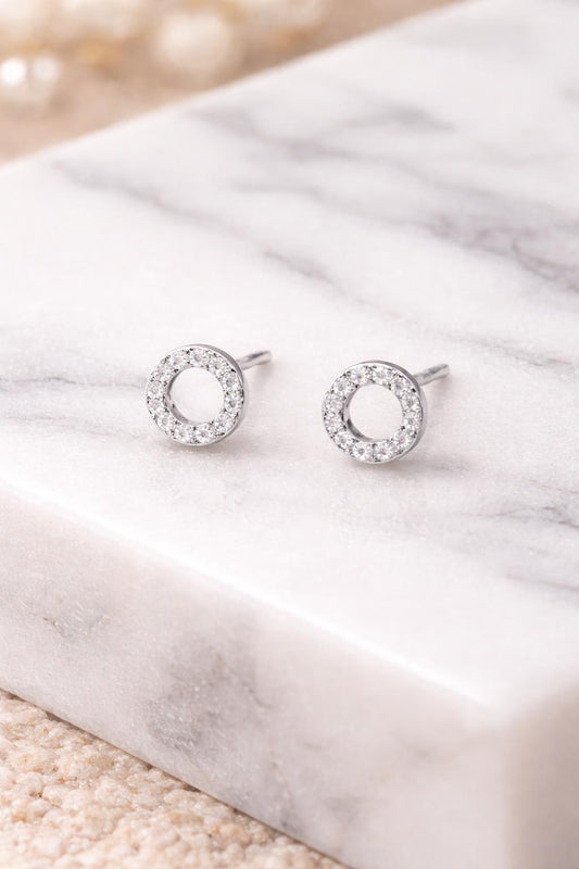 Sterling Silver Circle Stud Earrings – Dainty CZ Halo, Minimalist Jewelry