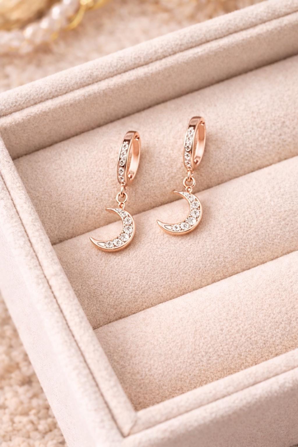 Sterling Silver CZ Moon Huggie Earrings – Celestial Dangle Hoops