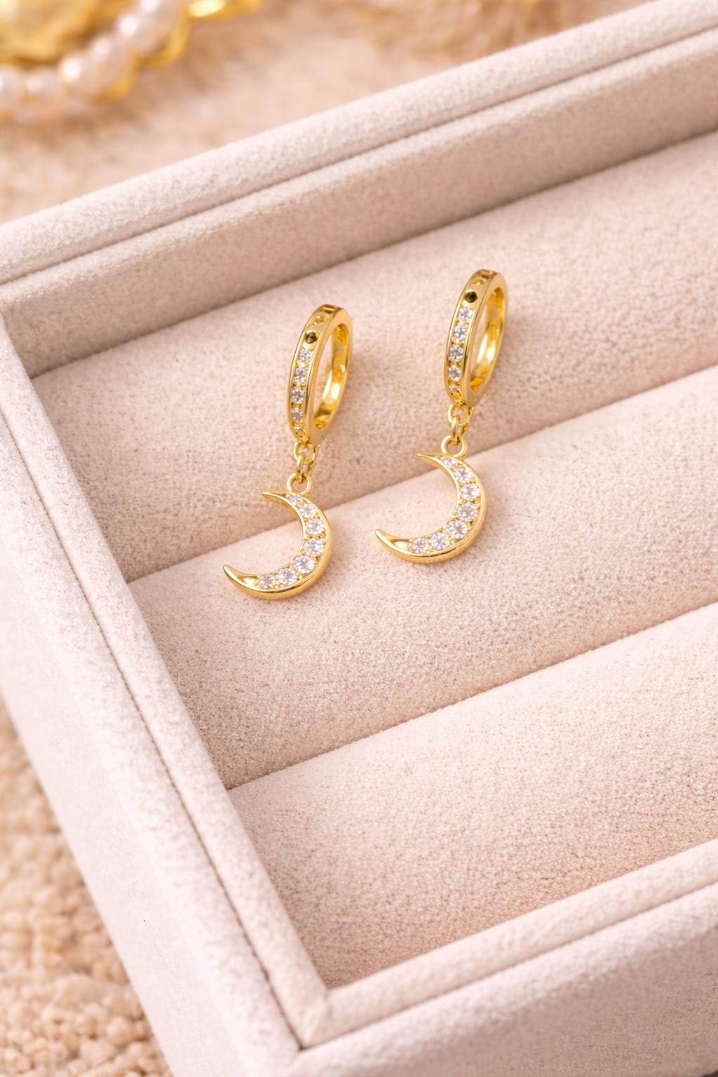 Sterling Silver CZ Moon Huggie Earrings – Celestial Dangle Hoops