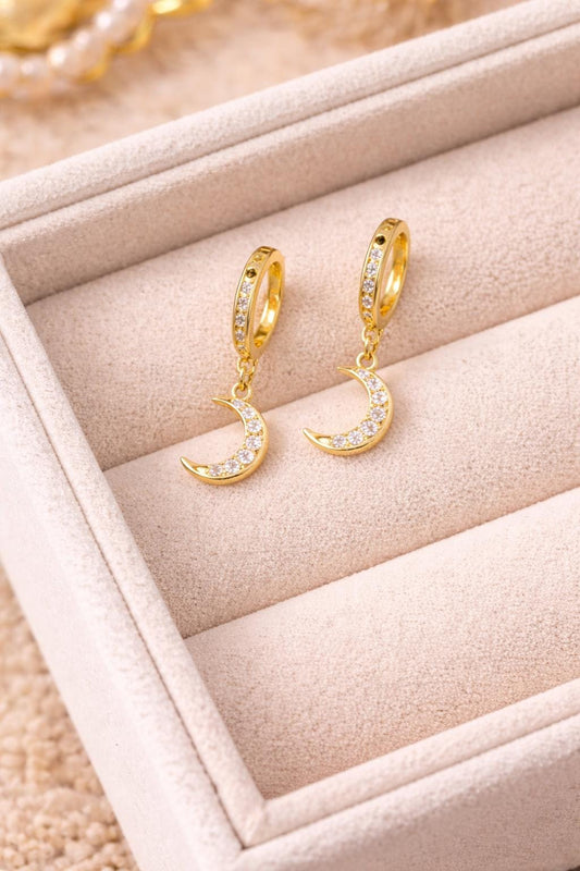 Sterling Silver CZ Moon Huggie Earrings – Celestial Dangle Hoops