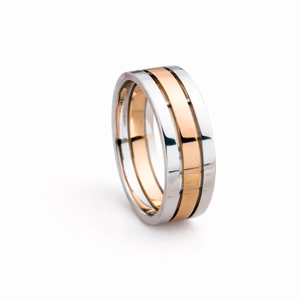 Sterling Silver Band Ring – Rose Gold Stripe, Unisex Wedding Jewelry