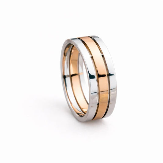 Sterling Silver Band Ring – Rose Gold Stripe, Unisex Wedding Jewelry