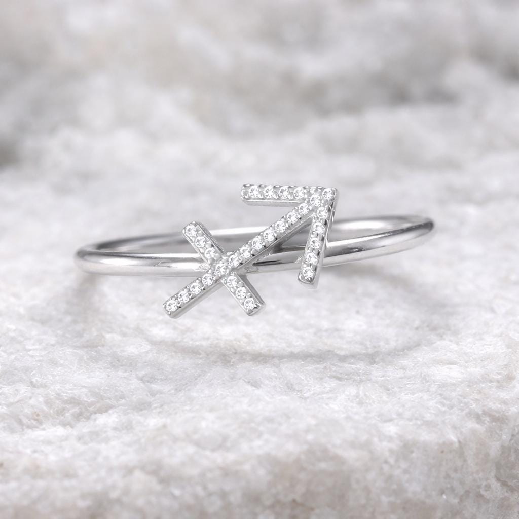 Sterling Silver Sagittarius CZ Zodiac Ring – Minimalist Arrow Horoscope Jewelry