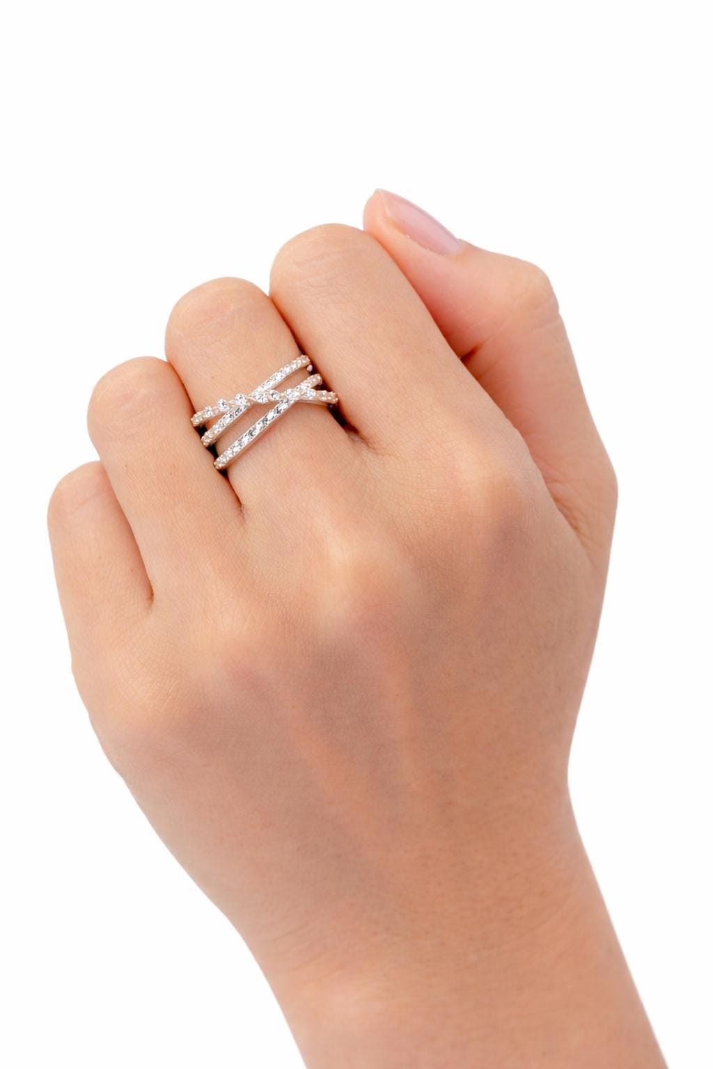 Sterling Silver Criss Cross Ring – Pavé CZ X Band