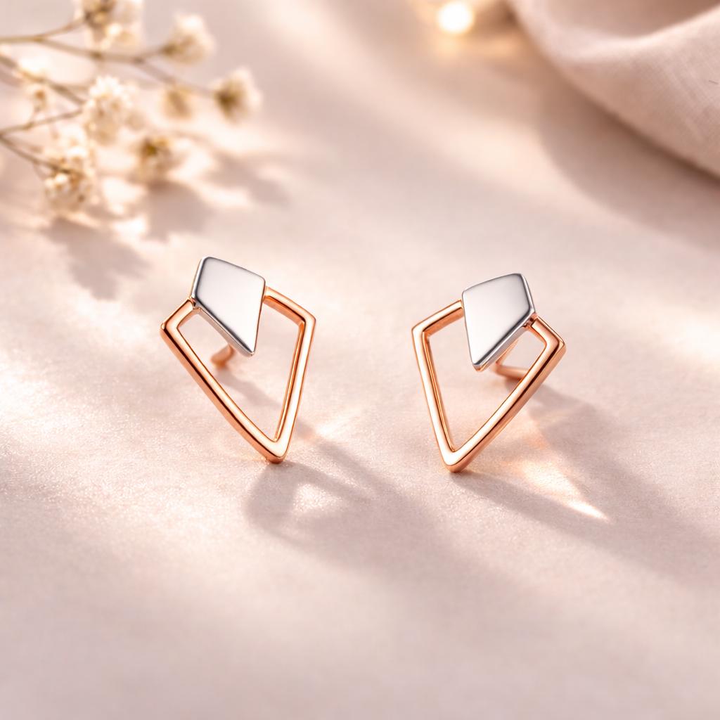 Sterling Silver Double Triangle Geometric Stud Earrings – Modern Minimalist Design