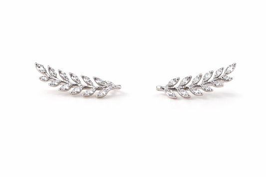 Sterling Silver Leaf Ear Climber Earrings, Marquise CZ Vine Branch Jewelry