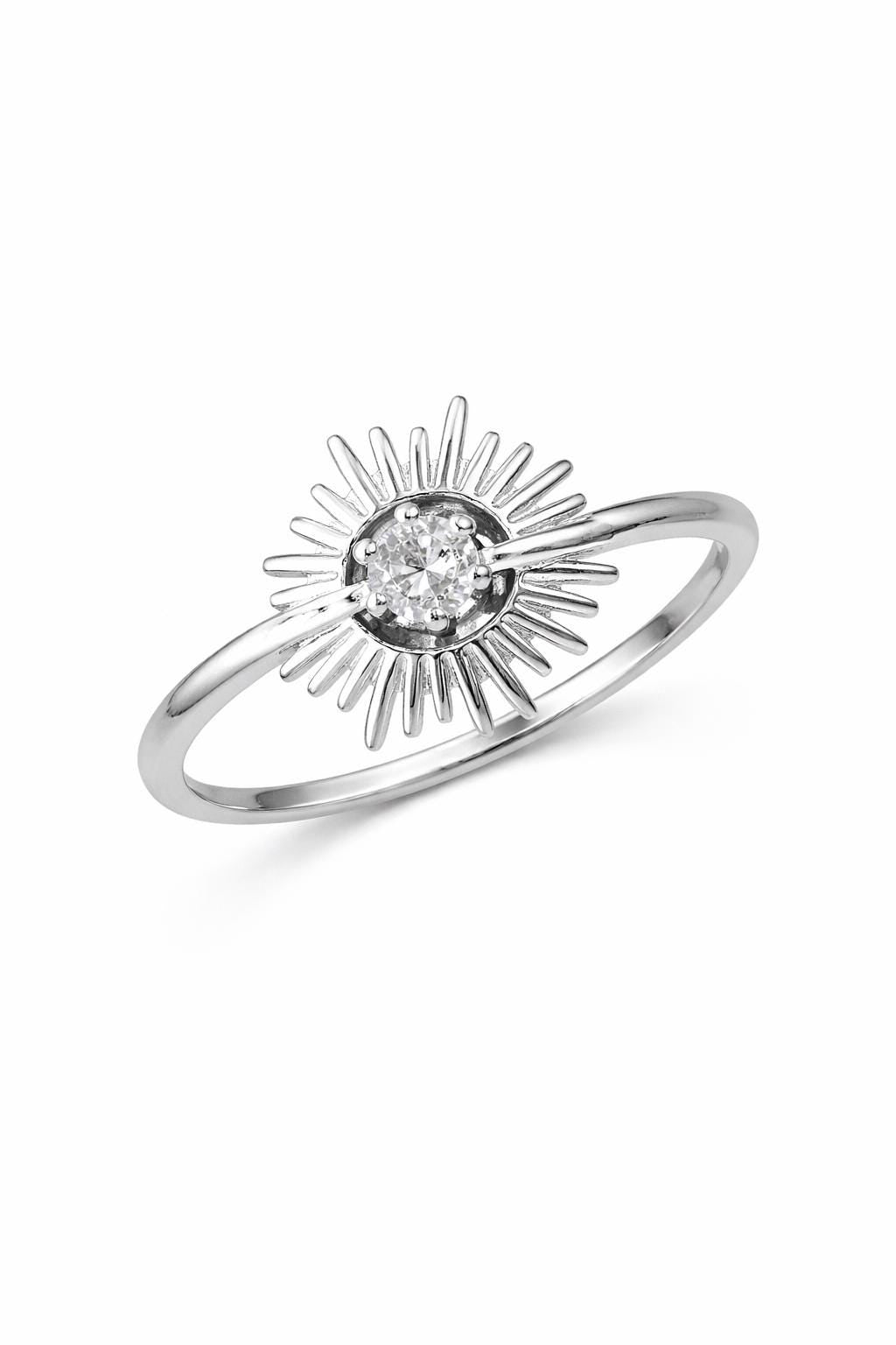 925 Sterling Silver Sunburst CZ Ring, Dainty Celestial Stacking Band, Everyday Sparkle Jewelry