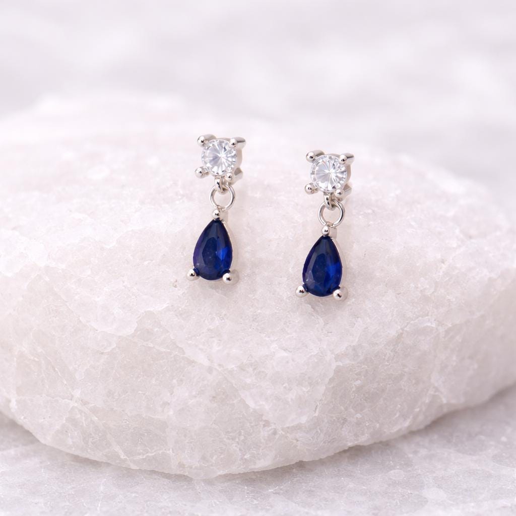 Sapphire Blue CZ Sterling Silver Drop Earrings – Dainty Wedding Jewelry