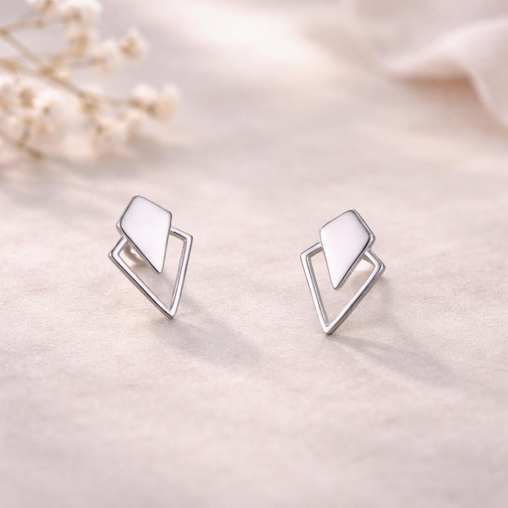 Sterling Silver Double Triangle Geometric Stud Earrings – Modern Minimalist Jewelry