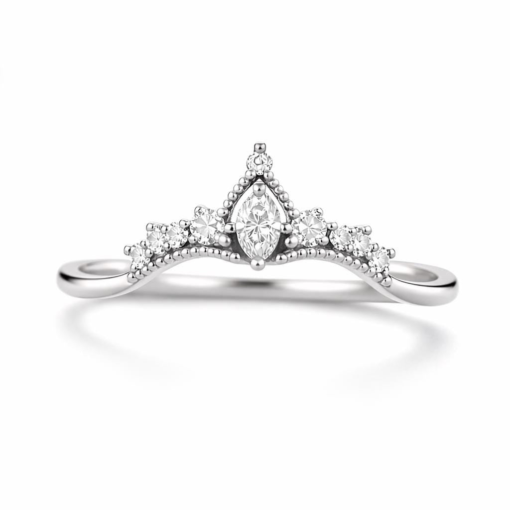 Sterling Silver Marquise CZ Crown Ring, Chevron Wedding Band, Stacking Bridal Jewelry