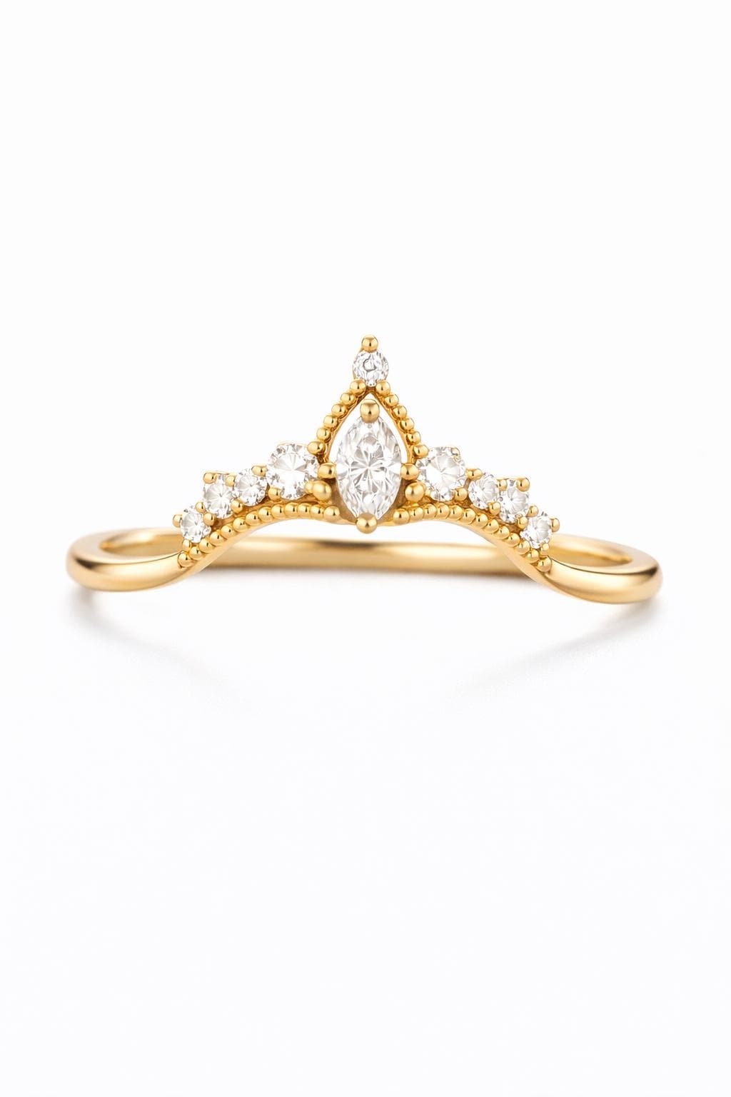 Sterling Silver Marquise CZ Crown Ring, Chevron Wedding Band, Stacking Bridal Jewelry