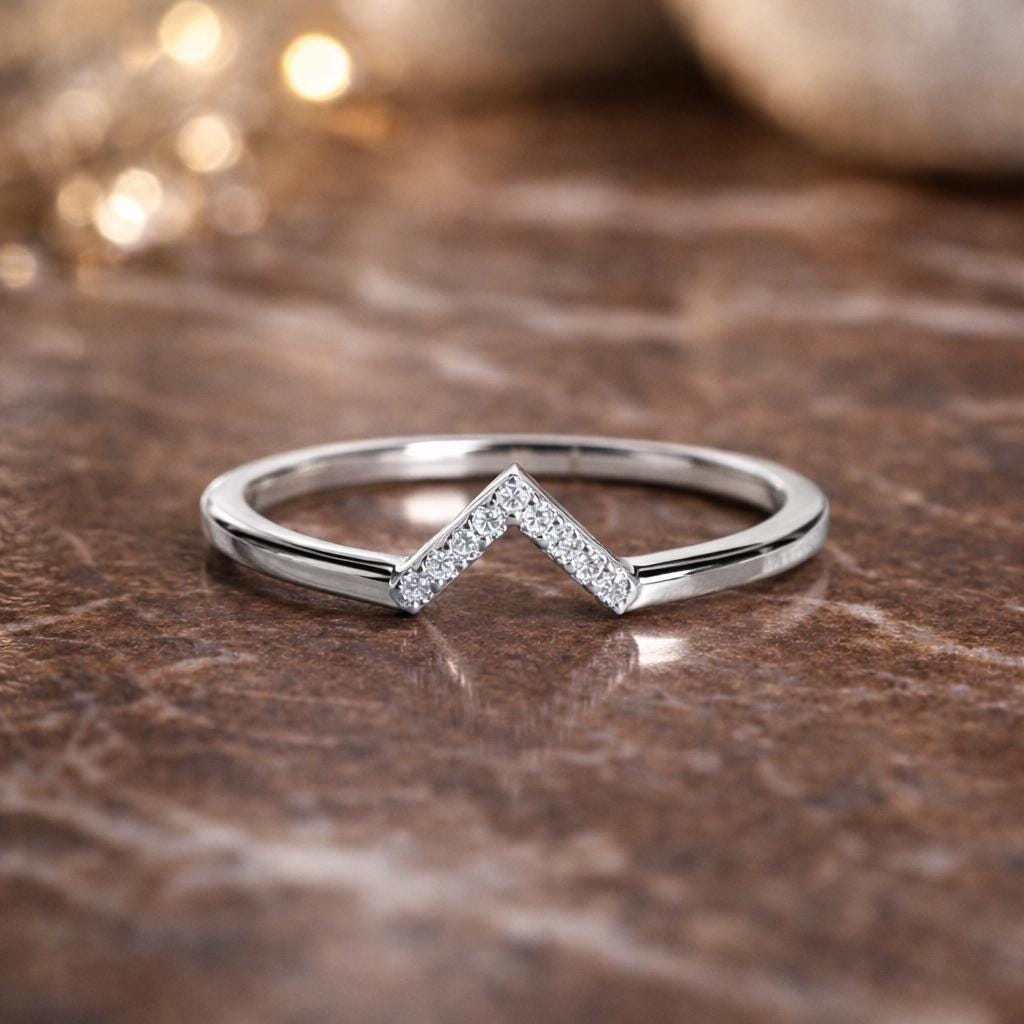 925 Sterling Silver Chevron CZ Ring, Minimalist V Shape Stacking Band