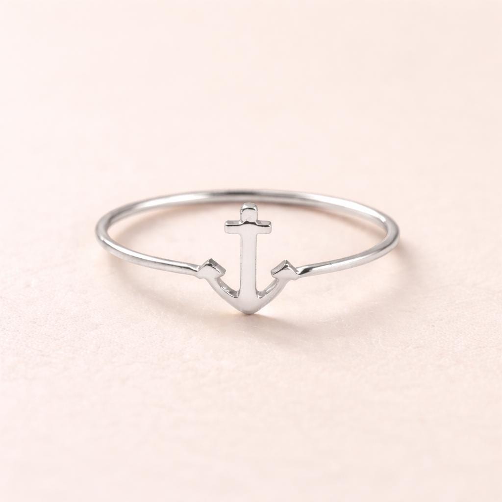 925 Sterling Silver Anchor Ring, Minimalist Nautical Stacking Band, Ocean Lover Jewelry