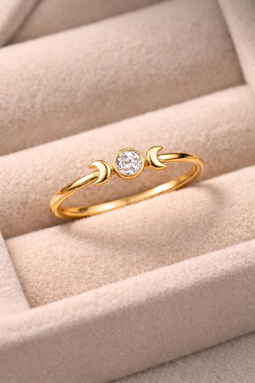 Sterling Silver Moon CZ Ring, Celestial Minimalist Stacking Band