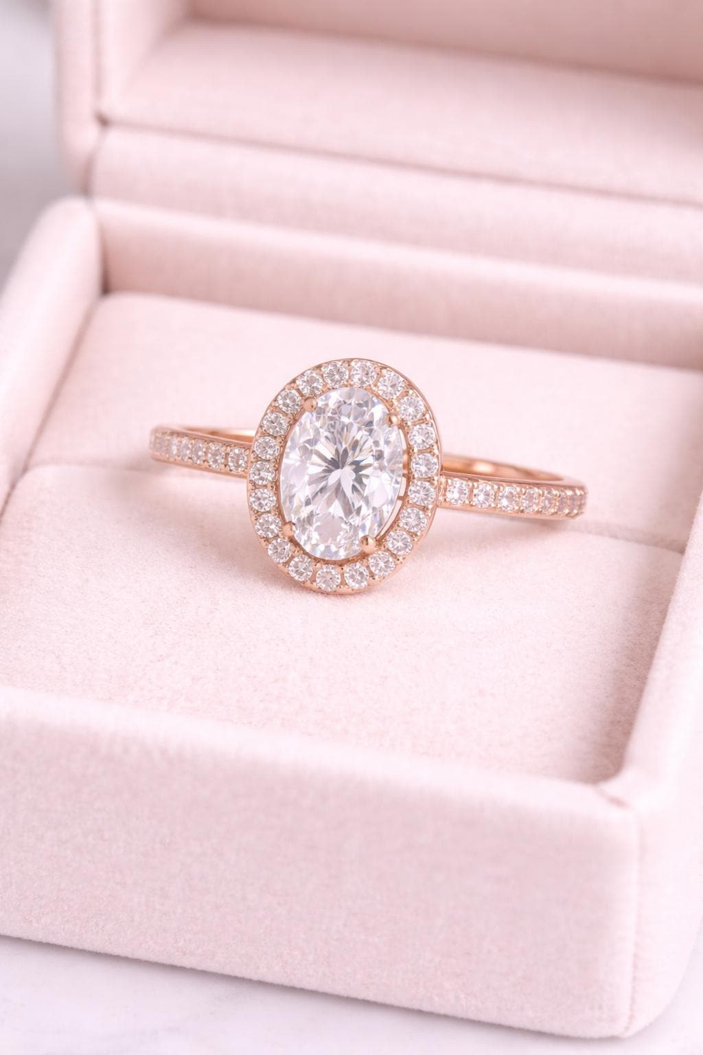 Sterling Silver Oval CZ Halo Engagement Ring, Pave Band Bridal Promise Jewelry