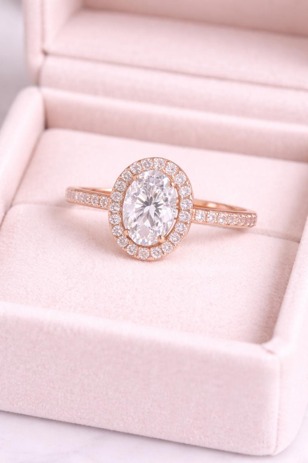 Sterling Silver Oval CZ Halo Engagement Ring, Pave Band Bridal Promise Jewelry