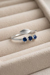 Sterling Silver Blue CZ Leaf Open Ring, Trio Stone Adjustable Band